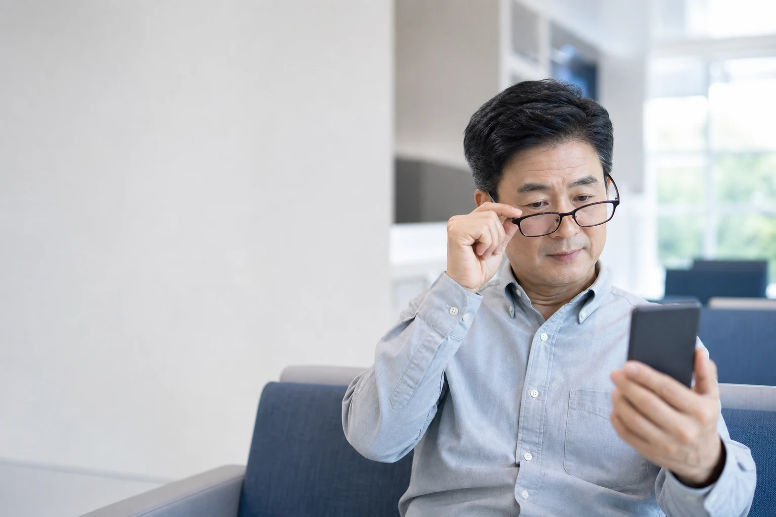 스마트폰 화면을 멀리 들어 글씨를 보려는 50대 남성, 노안 라식 수술 비용 정보 제공 이미지